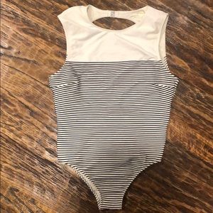 Blue and white 1-piece bathing suit with open back